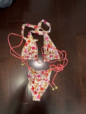 Coral Starfish Print Triangle Bikini with Gold Accents